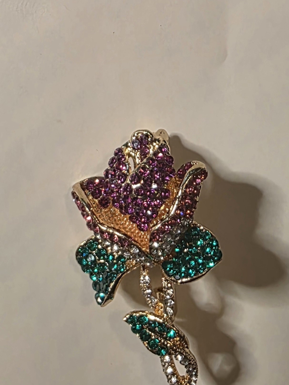 Gold-Tone Rose Pin Brooch with Purple and Teal Crystals